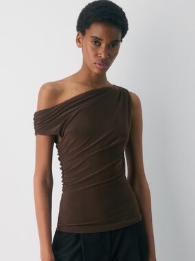 Babaton One-Shoulder Brown Ruched Camisole Gallery Top